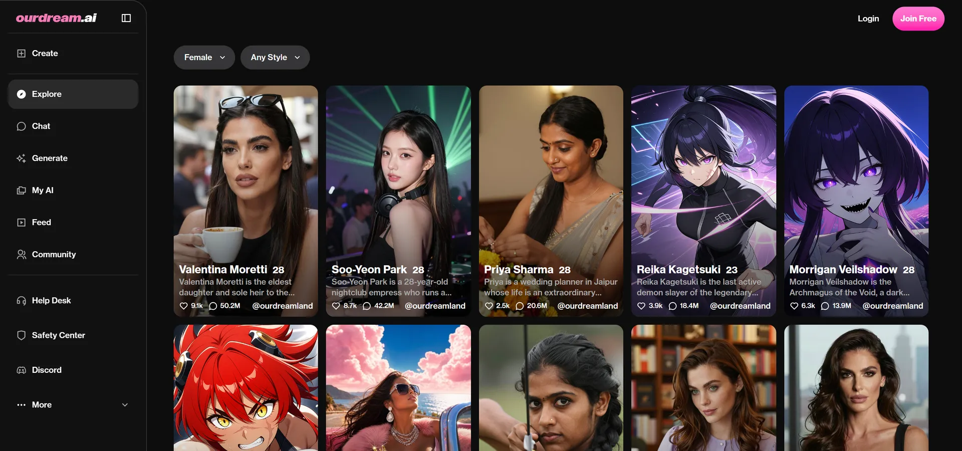 OurDream AI homepage, US site: the Explore grid of realistic and anime companions, captured October 2, 2026