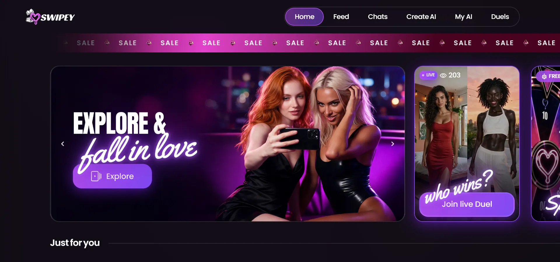 Swipey AI homepage, US site: the Explore and fall in love banner next to a live Duel card, captured October 2, 2026