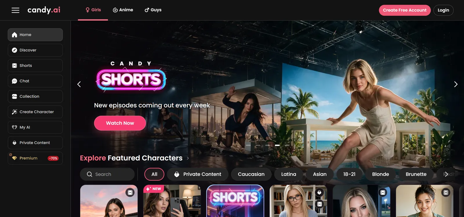 Candy AI homepage, US site: the Candy Shorts banner and the Featured Characters row, captured October 2, 2026