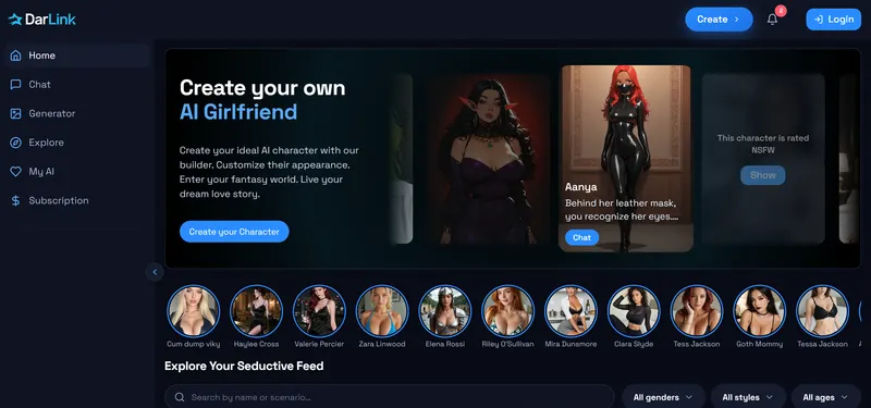 DarLink AI homepage, US site: the Create your own AI Girlfriend carousel and a row of companion avatars, captured October 2, 2026