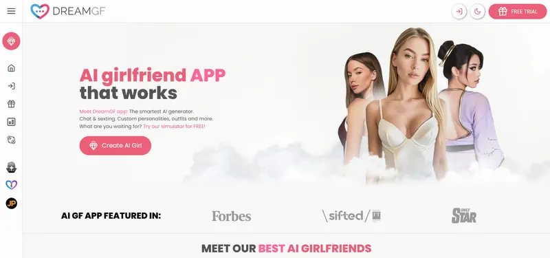 DreamGF homepage, US site: AI girlfriend APP that works, with three companions, captured October 2, 2026