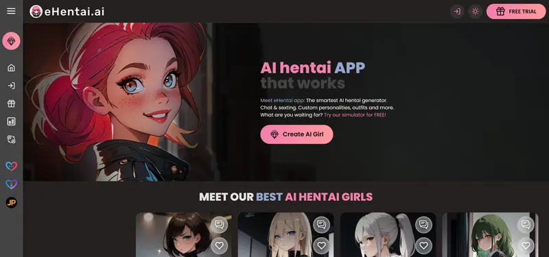 eHentai.ai homepage, US site: the app banner with its anime mascot and the first characters, captured October 2, 2026