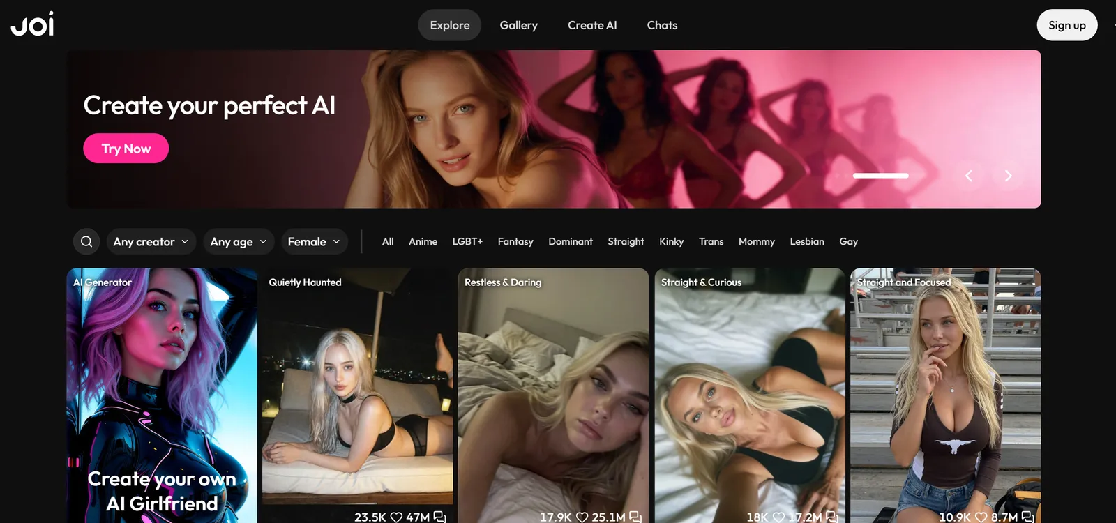 JOI AI homepage, US site: the Create your perfect AI banner, the creator filters and the first row of companions, captured October 2, 2026