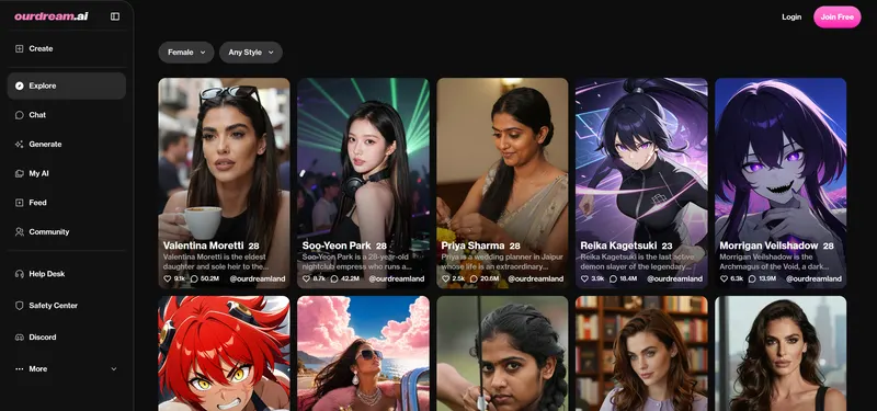 OurDream AI homepage, US site: the Explore grid of realistic and anime companions, captured October 2, 2026