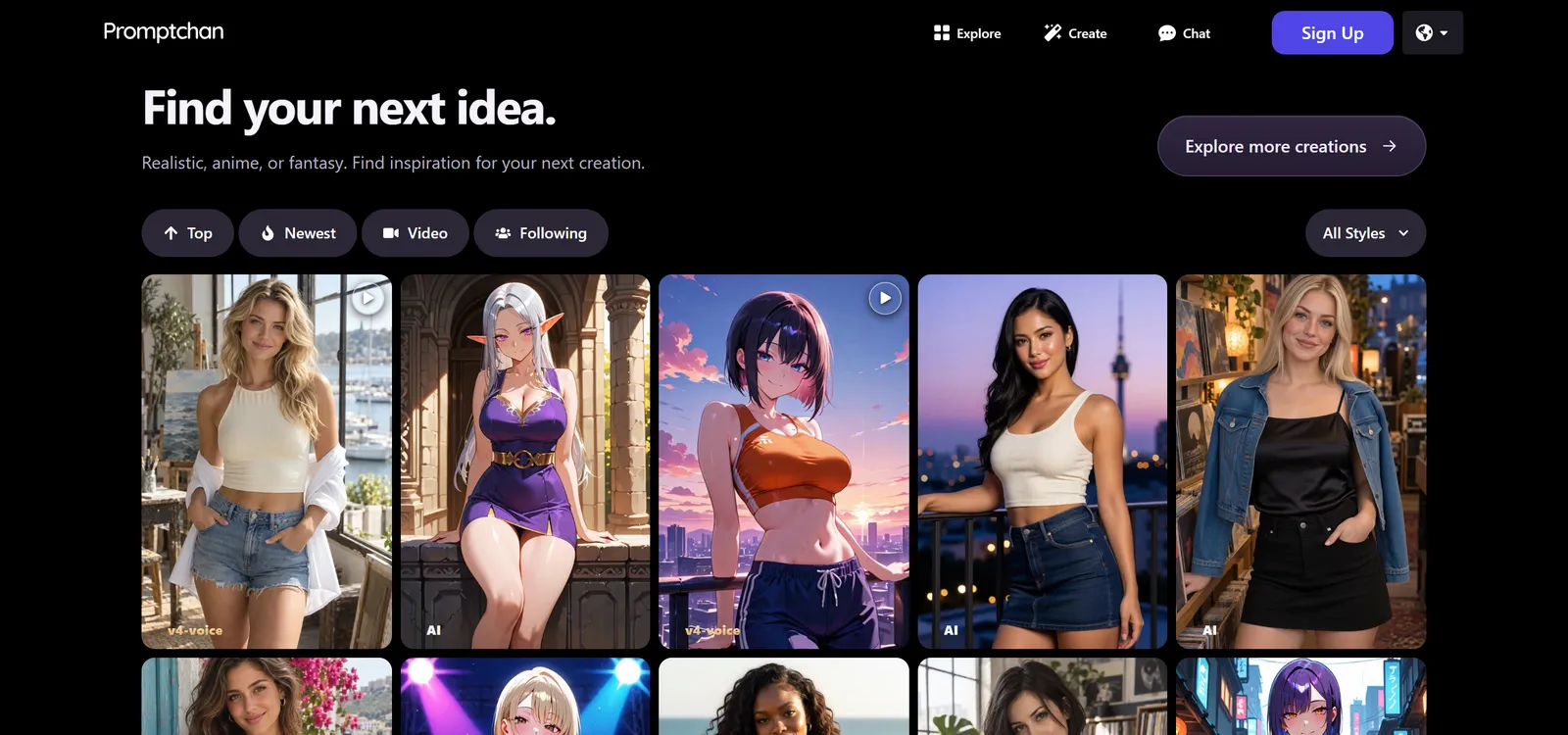 Promptchan homepage, US site: the Find your next idea gallery of realistic and anime creations, captured October 2, 2026