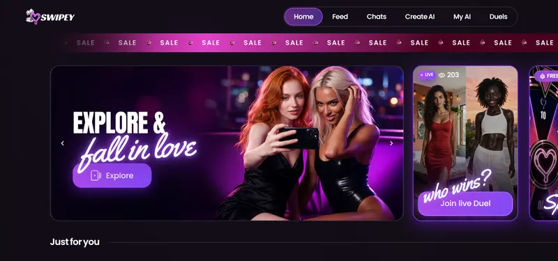 Swipey AI homepage, US site: the Explore and fall in love banner next to a live Duel card, captured October 2, 2026