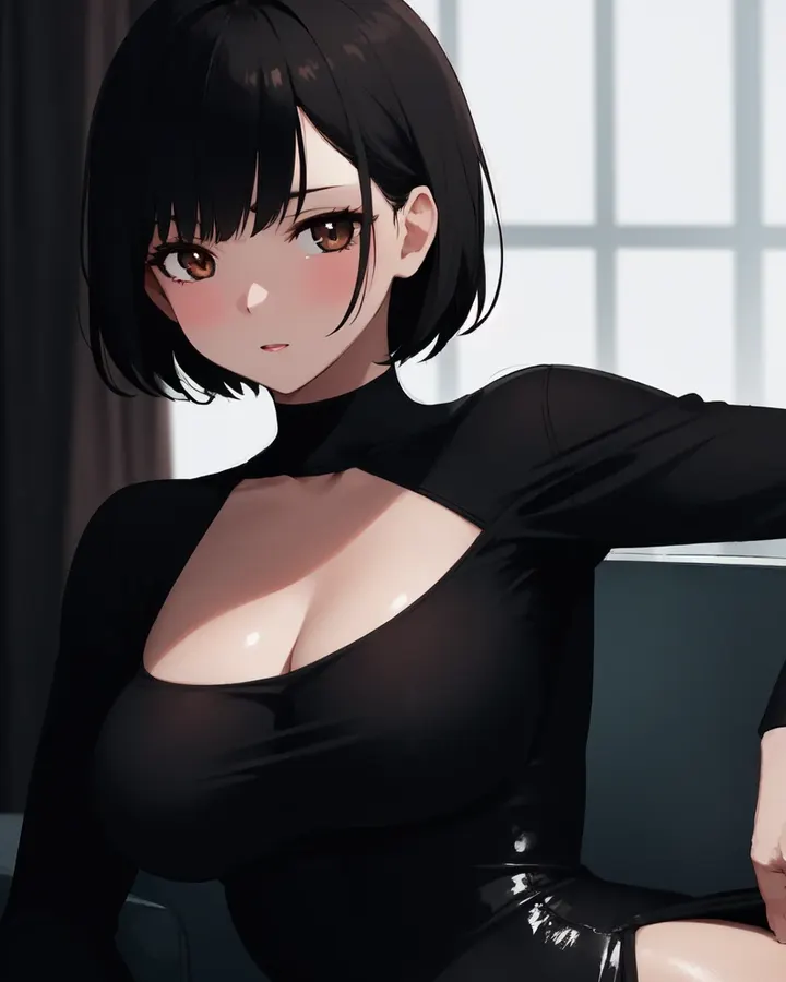 Anime AI girlfriend with a black bob in a black cut-out dress, from eHentai.ai
