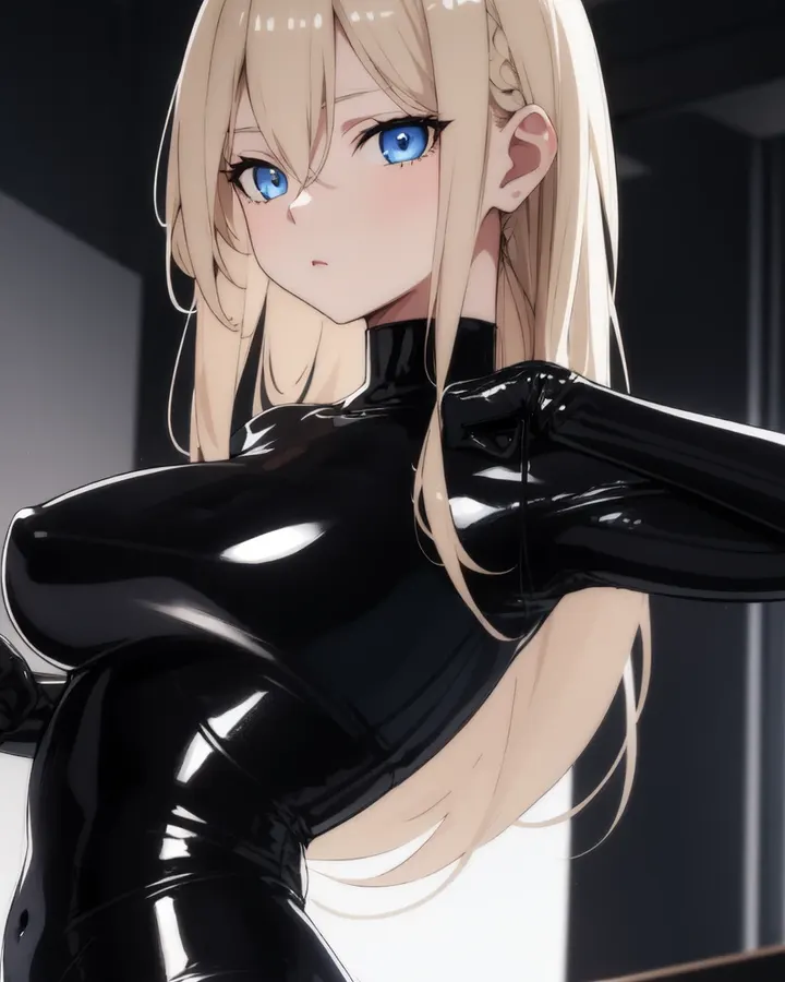 Blonde anime AI girlfriend in a black latex suit, from eHentai.ai