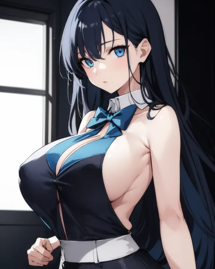 Anime AI girlfriend with long black hair and a blue bow, from eHentai.ai