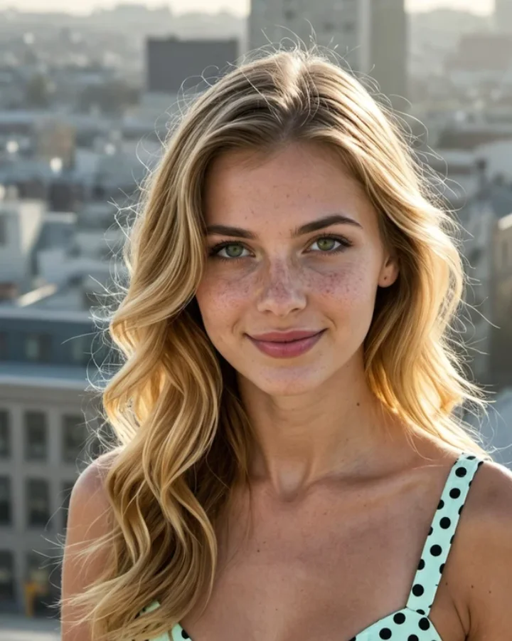 Freckled blonde AI character in a polka-dot top on a city rooftop, from Promptchan