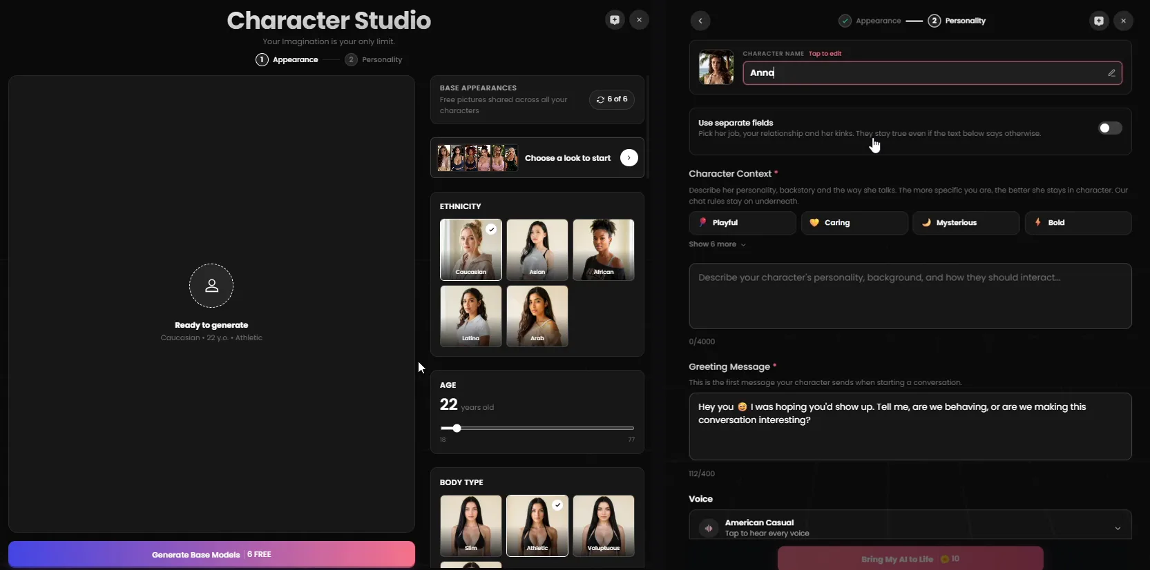 Candy AI's Character Studio: the Appearance step with ethnicity, age and body type and 6 free face generations, next to the Personality step with traits, a 4,000-character backstory box, the greeting, the voice and Bring My AI to Life for 10 tokens