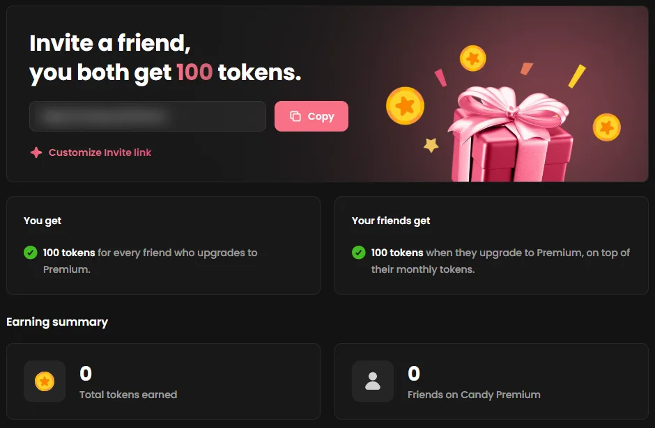 Candy AI's Invite a friend page: you both get 100 tokens when a friend upgrades