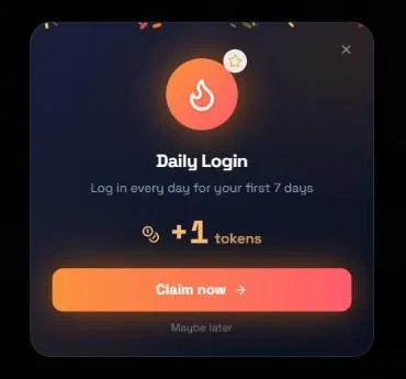 DarLink's Daily Login pop-up: log in every day for your first 7 days, plus 1 token