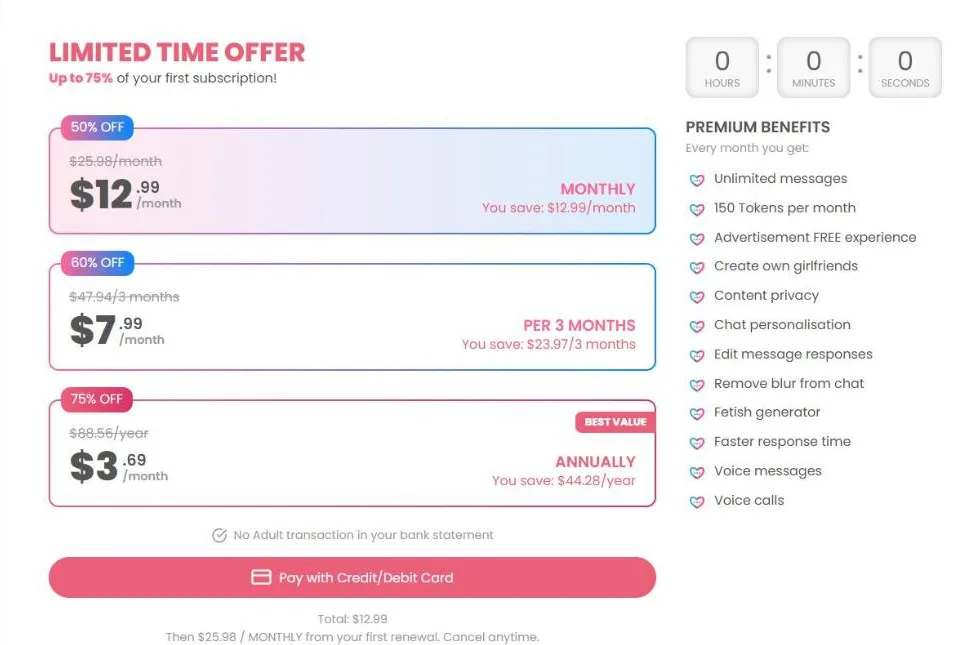 DreamGF's plans page: $12.99 monthly, $7.99 a month per 3 months, $3.69 a month annually, with the Premium benefits list