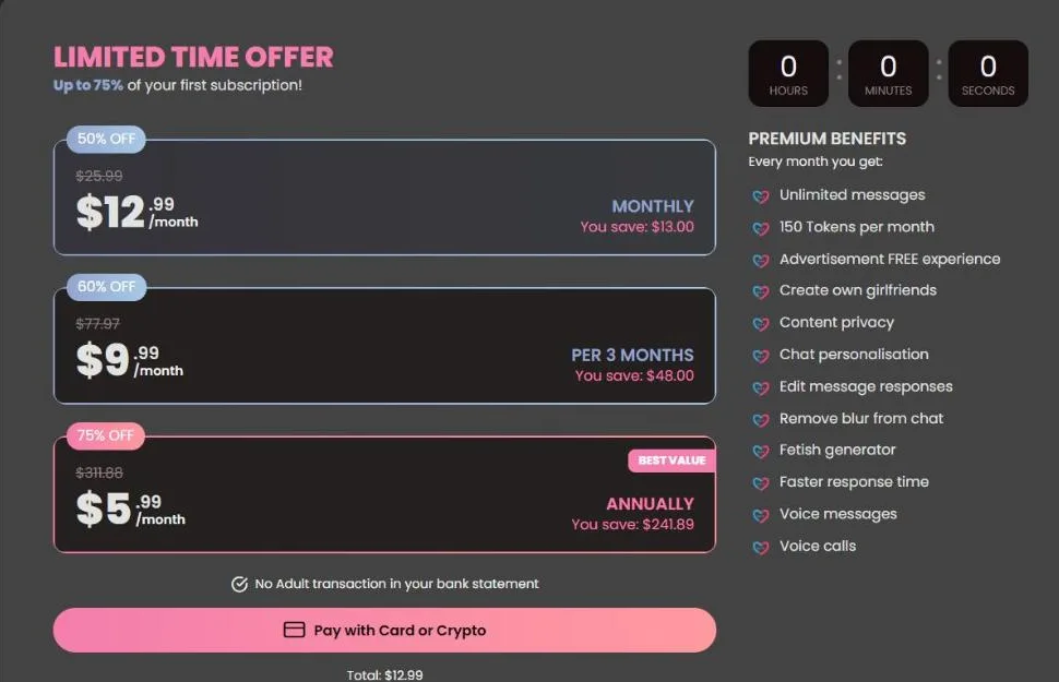 eHentai.ai's plans page: $12.99 monthly, $9.99 a month per 3 months, $5.99 a month annually, with the Premium benefits list