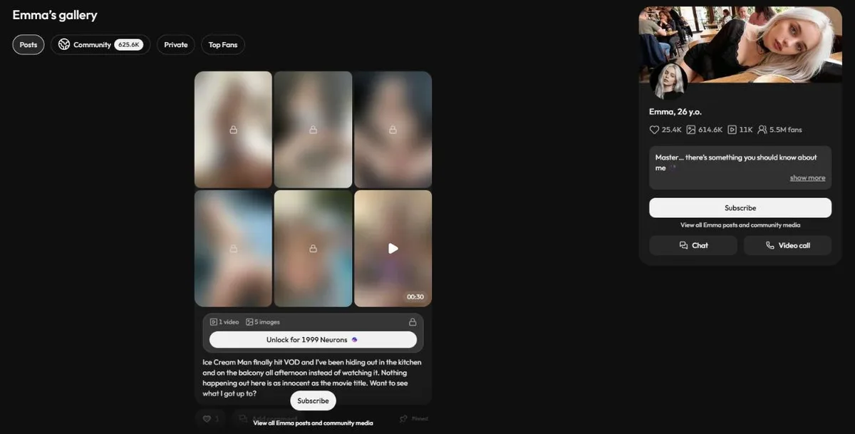 A JOI character's gallery with blurred posts and an Unlock for 1999 Neurons button