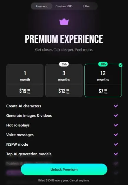 Lovescape's Premium plans: $19.99 for one month, $12.99 a month over three, $7.99 a month over twelve