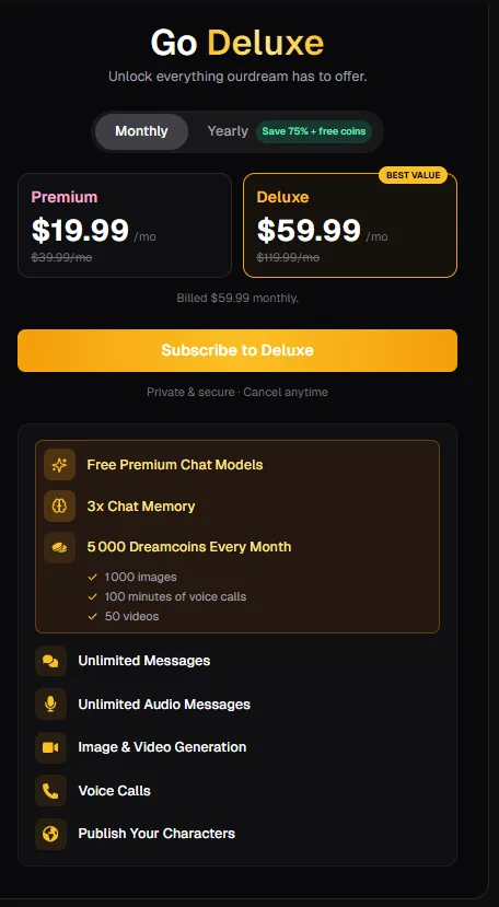 OurDream's upgrade page with Premium at $19.99 and Deluxe at $59.99 a month and the Deluxe features list